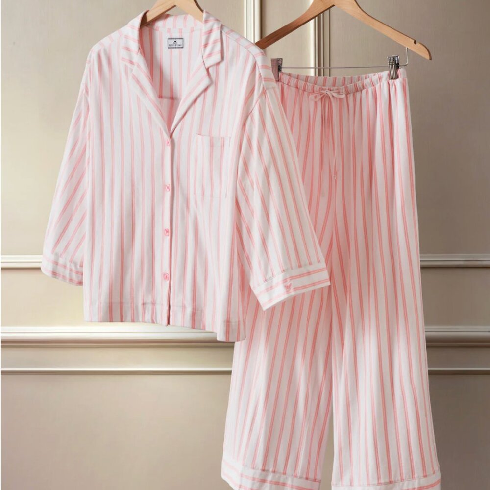 Petit Plume Olivia Wide Leg Pima Pajama Set in Pink Stripe S